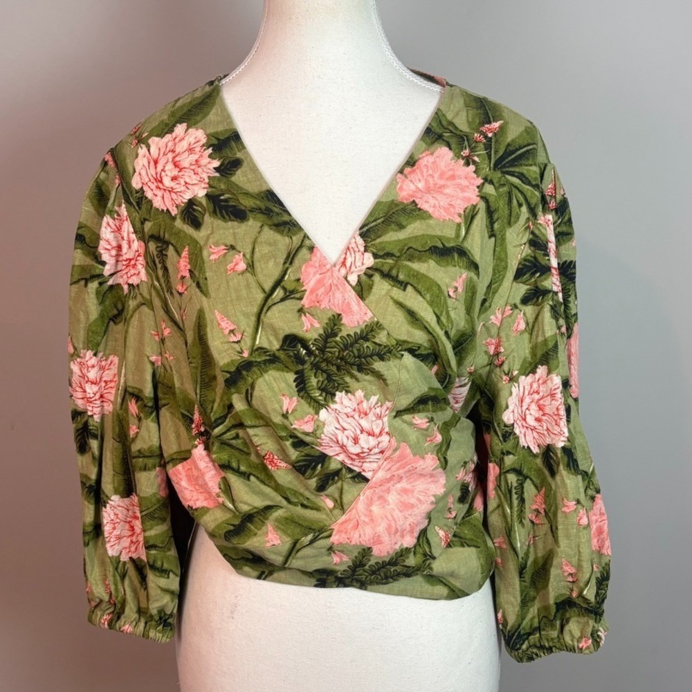 Agua Bendita x Target Green Pink Puff Sleeve Peony Wrap Crop Top Linen Womens 2X